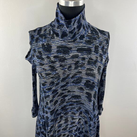 CLARA SUN WOO Blue Black XS Cold Shoulder Top Turtleneck 3/4 Sleeve Pullover - Picture 2 of 7